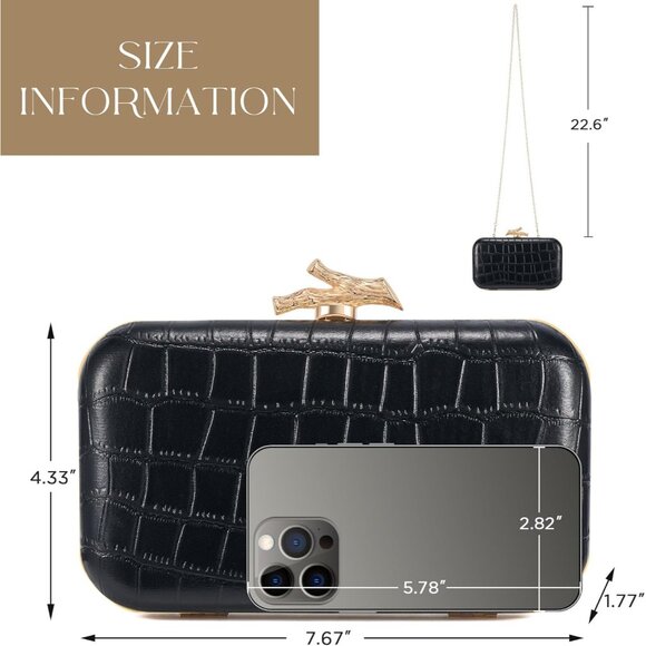 Women's Black Crocodile Leather Formal Evening Shoulder Clutch Chain Strap Bag - Picture 4 of 6